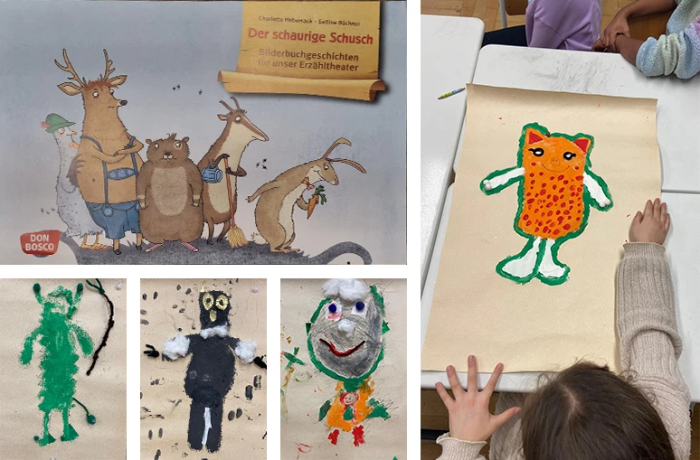 Eine Bildcollage, bestehend aus fünf Bildern, die das Cover der Geschichte und vier Werke der Kinder vom schaurigen Schusch zeigen. 