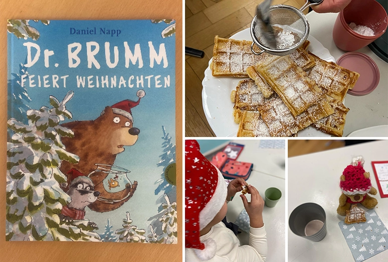 Das Cover und Bilder vom Waffel essen und Kakao trinken.