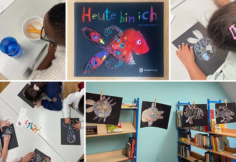 Das Cover eines Buches, Kinder beim Zeichnen und die Ergebnisse an einer Wäscheleine