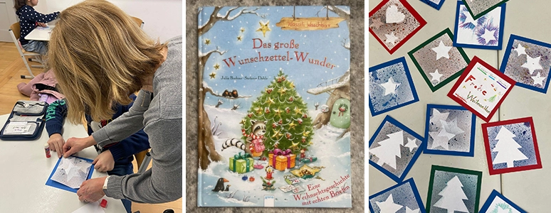 Beim Basteln, das Cover eine Buches und fertige Weihnachtskarten