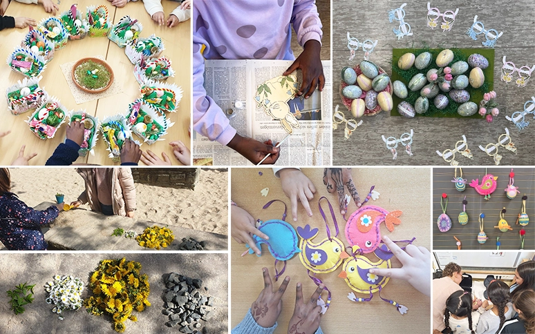 Ein Collage aus mehreren Bildern, die Osterbasteleien und Kinderhände beim Basteln und Malen zeigen.