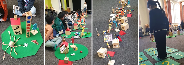 Vier Bilder, die pädagogisches Material und Kinder beim Zählen zeigt.