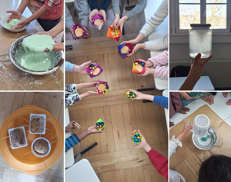 Eine Collage aus mehreren Bildern, die Kinderhände bei einfachen wissenschaftlichen Experimenten zeigt und Kinderhände, die gebastelte Osternester zeigen.